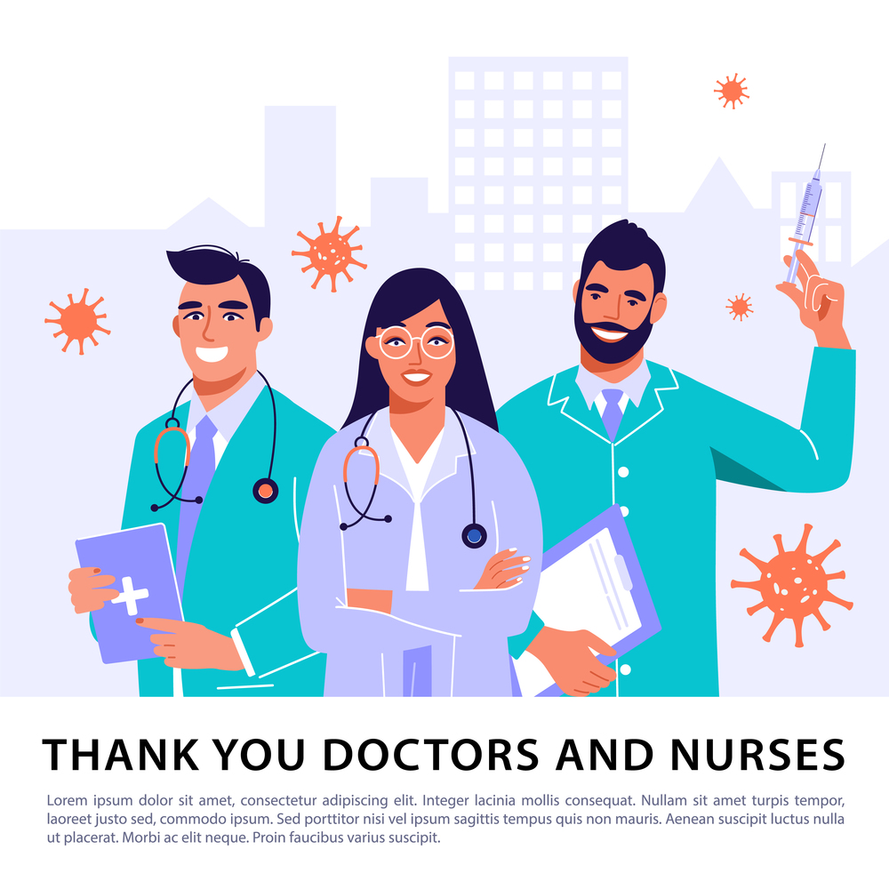 2019-nCoV Coronavirus spread of the virus. Team of professional doctors. Thank you doctors and nurses message. Vector banner illustration.