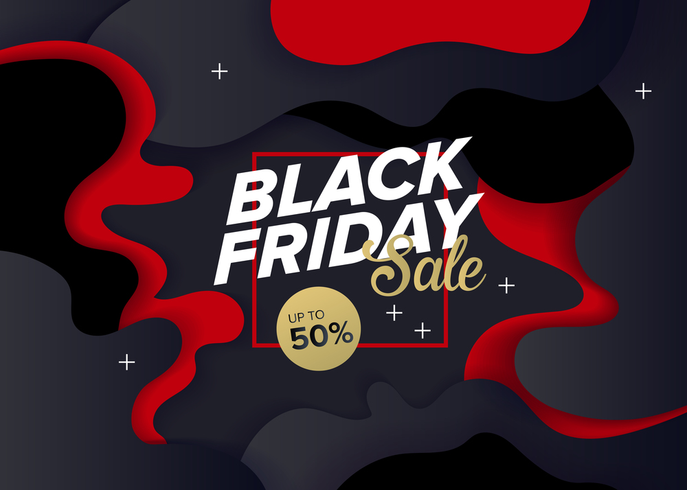 Black Friday Sale up to 50% off. Red and black price tags. Sales tags. Vector banner.