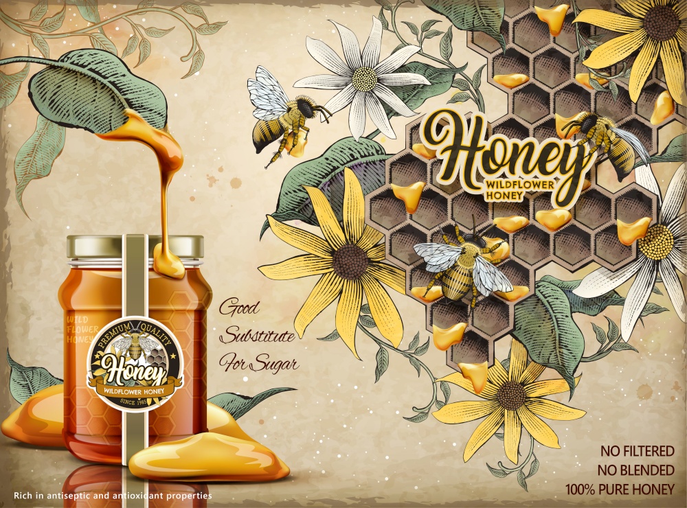 Natural honey ads, delicious honey dripped from leaves with realistic glass jar in 3d illustration, retro apiary and honey bees background in etching shading style. Natural honey ads