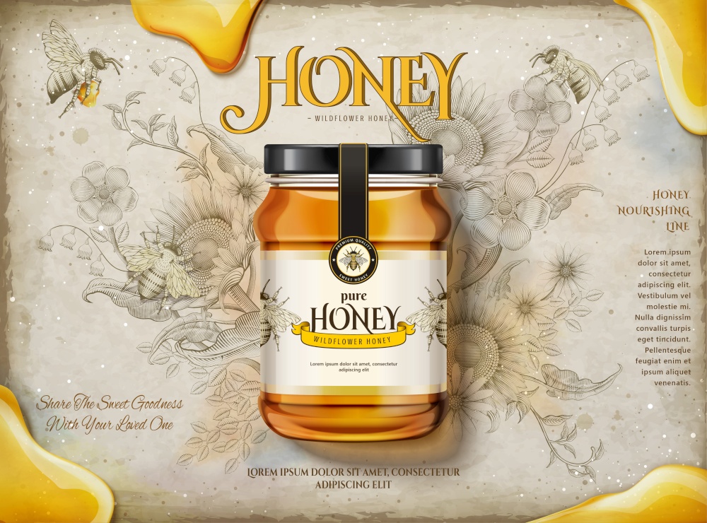 Wildflower honey ads, realistic glass jar with delcious honey in 3d illustration, retro flowers garden with honey bees background. Wildflower honey ads