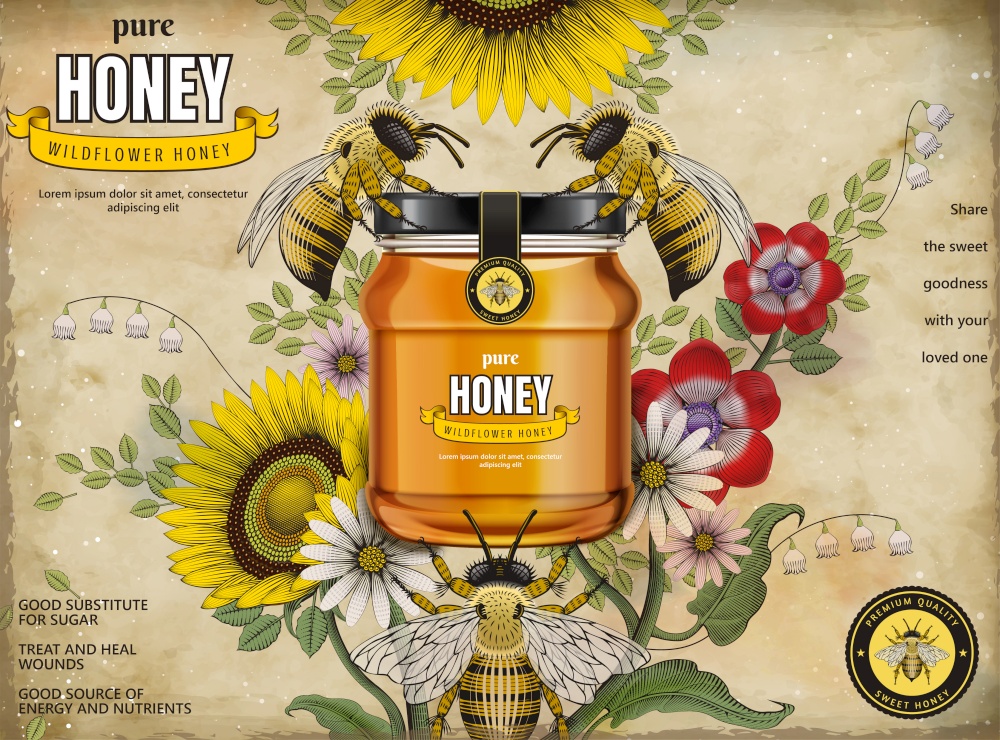 Retro honey ads, glass jar in 3d illustration with honey bees and elegant flowers around it, etching shading style background. Retro honey ads