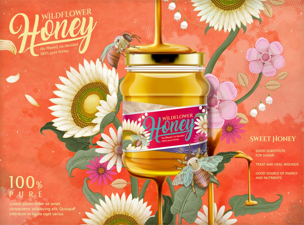 Attractive honey ads, honey dripping from top on the glass jar in 3d illustration with elegant flowers elements, etching shading style background in orange tone. Attractive honey ads