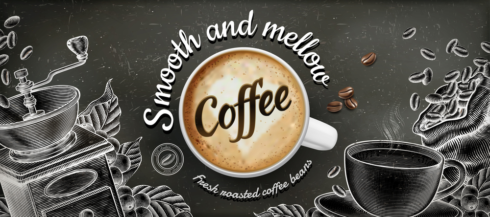 Coffee banner ads with 3d illustratin latte and woodcut style decorations on chalkboard background. Coffee banner ads