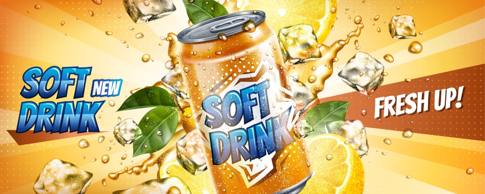 Soft drink banner ads with ice cubes and citrus elements in 3d illustration. Soft drink banner ads
