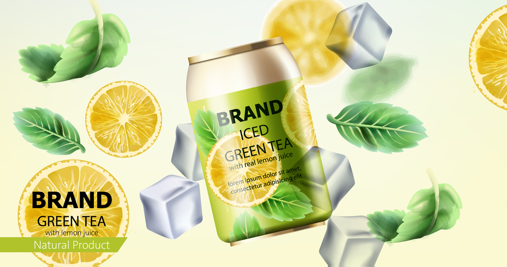 Can of iced green tea surrounded by ice cubes, mint and lemon slices. Place for text. Realistic. Vector. Composition of a can of iced green tea surrounded by ice cubes, mint and lemon slices. With place for text. Realistic