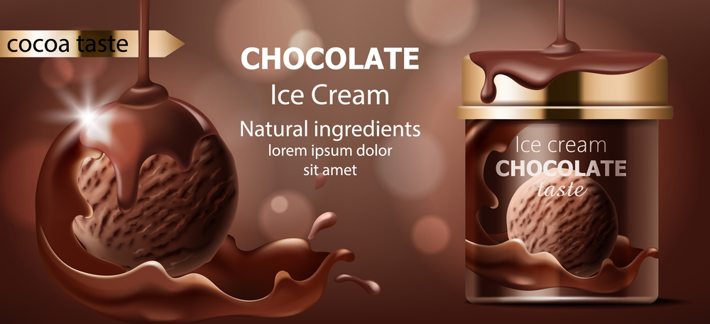 Realistic box and a ball of chocolate ice cream. Brown liquid pouring from top and splashing around. 3D mockup with product placement. Vector. Realistic box and a ball of chocolate ice cream. Brown liquid pouring from top and splashing around. 3D mockup with product placement.