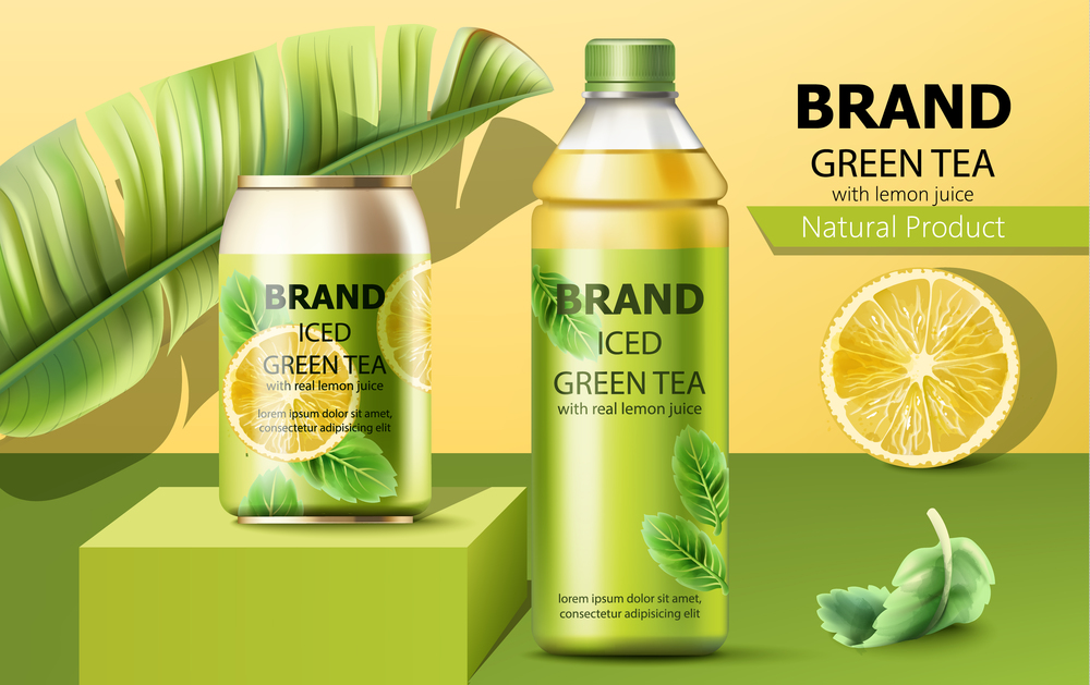 Realistic can on a podium and a bottle of natural ice green tea with real lemon juice surrounded by a palm and mint leaves. 3D mockup with product placement. Vector. Realistic can on a podium and a bottle of natural ice green tea with real lemon juice surrounded by a palm and mint leaves. 3D mockup with product placement