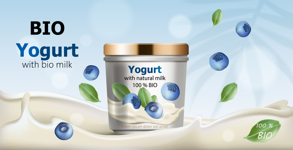Container surrounded by flowing yogurt from natural milk, blueberries and leaves falling from air. 3D mockup with product placement. Realistic Vector. Container surrounded by flowing yogurt, blueberries and leaves falling from air. Natural bio milk. With place for text