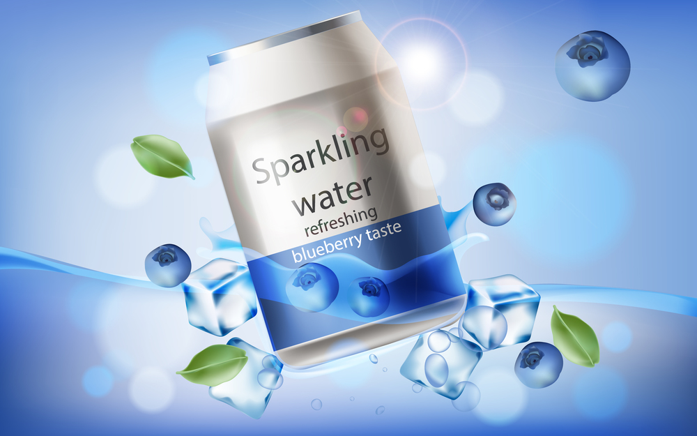 Can of refreshing sparkling water with blueberry taste submerged in water with ice cubes, mint leaves and berries. 3D mockup with product placement. Realistic Vector. Can of refreshing sparkling water with blueberry taste submerged in water with ice cubes, mint leaves and berries. Realistic