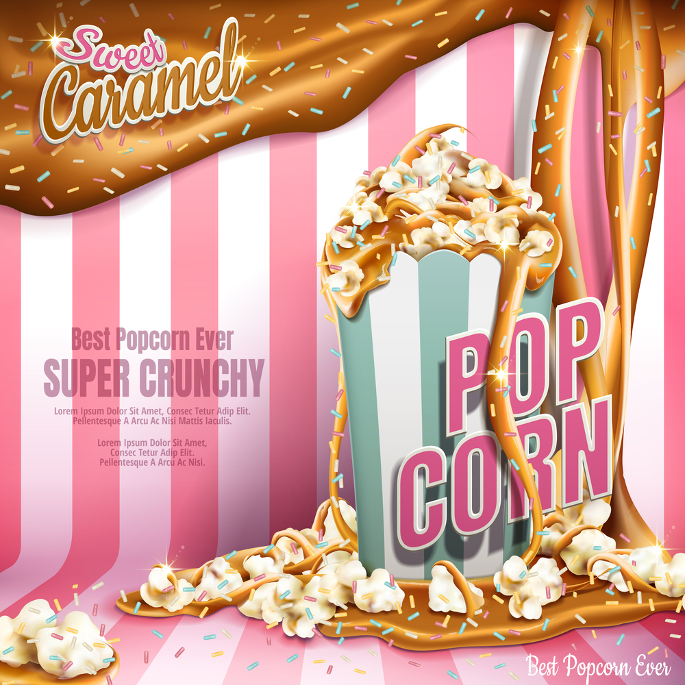 Sweet popcorn ads, caramel flowing down and rainbow jimmy coated isolated on pink stripes background, 3d illustration. Graphic design element.. caramel popcorn ads