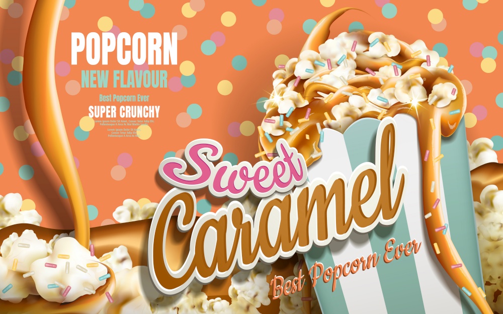 Caramel popcorn ads, caramel flowing down with rainbow jimmy coated isolated on colorful dotted background, 3d illustration. Graphic design element.. caramel popcorn ads