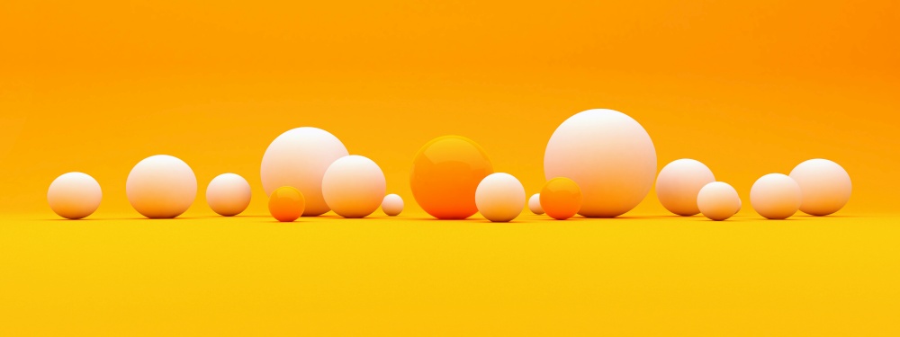 Abstract background with 3d spheres, plastic white and orange  bubbles. 3d render of glossy balls, modern trendy banner or poster design