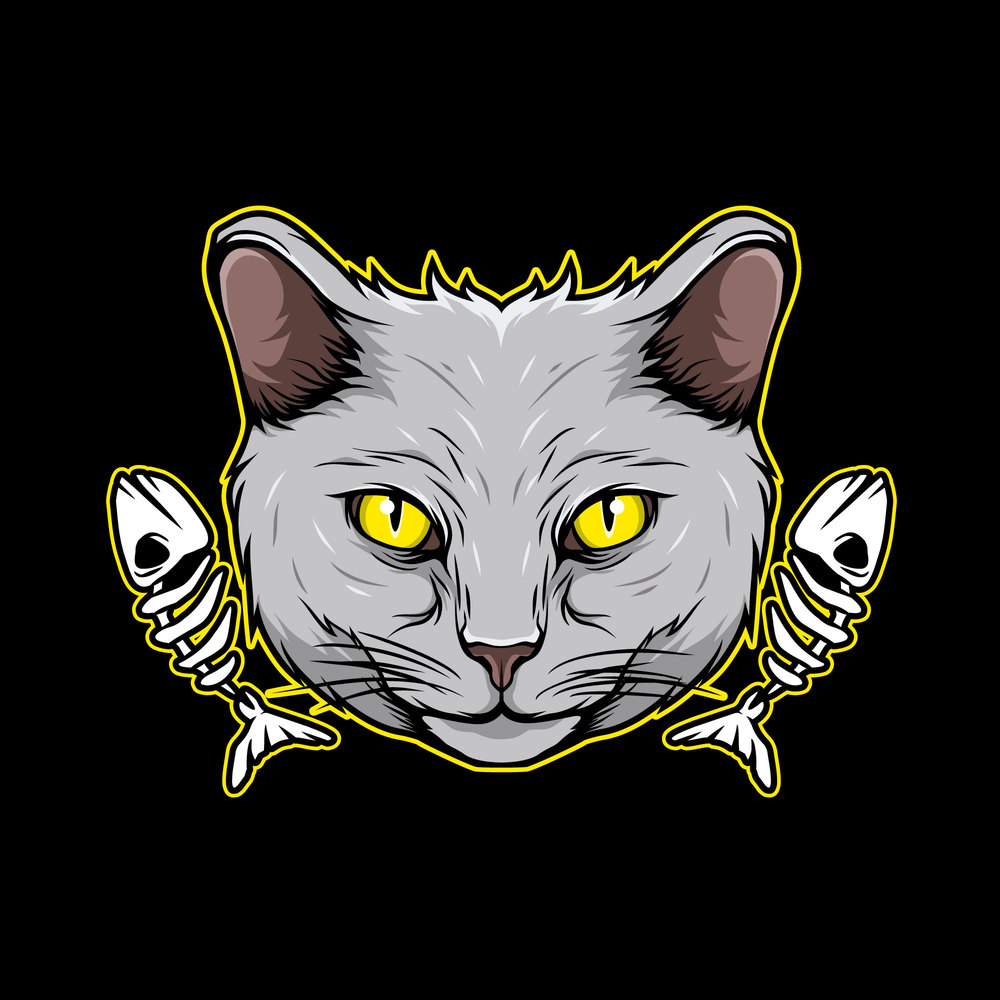 Cat with skeleton fish illustration vector