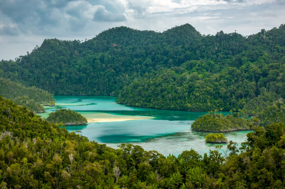 Indonesia. Lagoon with emerald water surrounded by rocky islands. Wild jungle. Overcast. High point shooting. Tropical Lagoon in Cloudy Weather