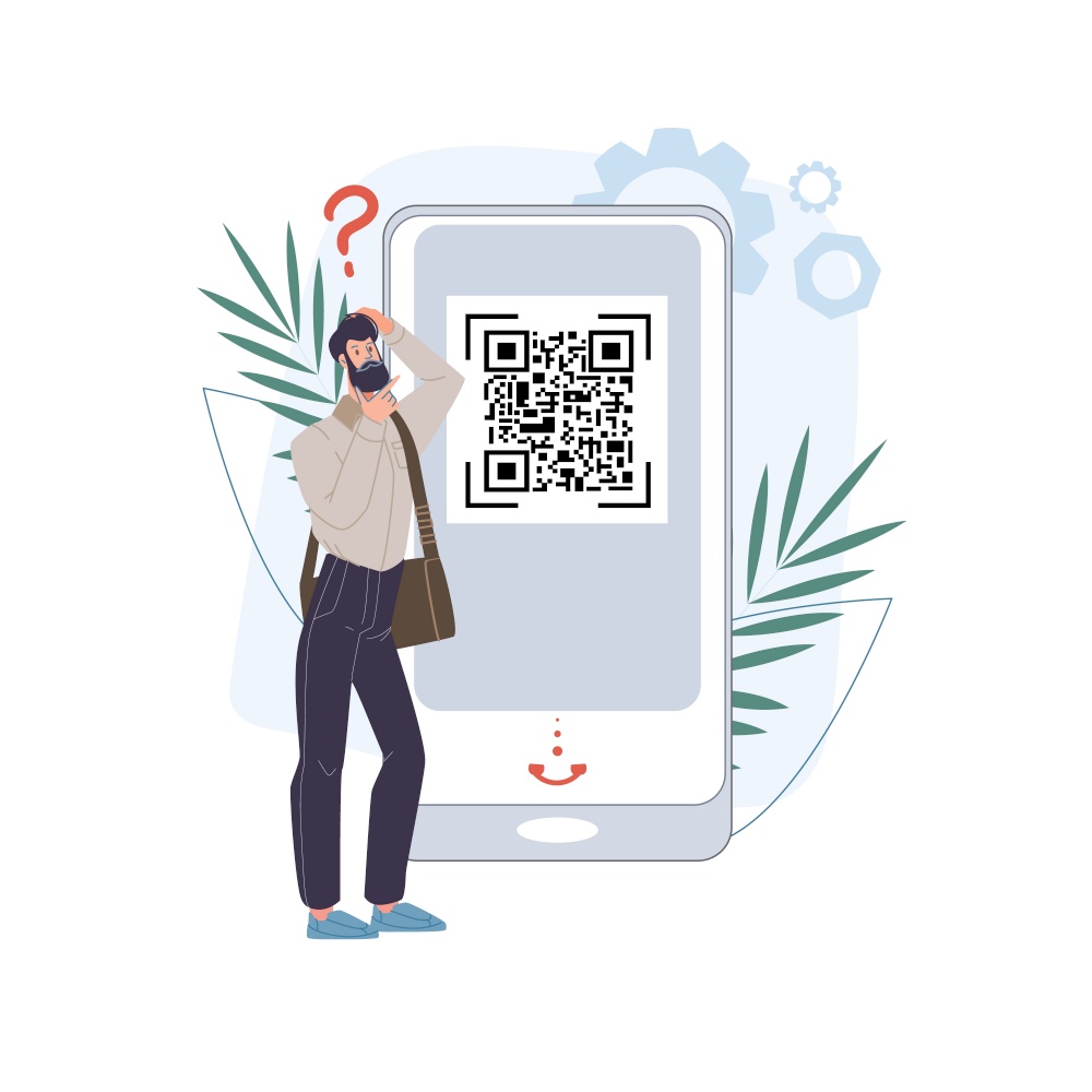 Vector cartoon flat character study QR code on mobile smartphone screen - online shopping,education,social media,internet surfing concept. Flat cartoon character study QR code vector illustration concept