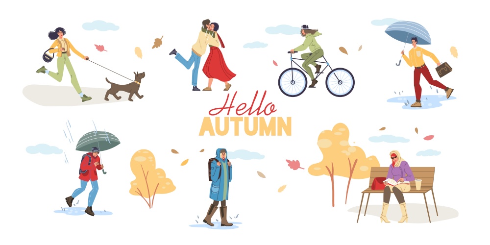 Vector flat cartoon characters doing autumn activities and walking outdoor in falling leaves - fashion,emotions,healthy lifestyle social concept. Flat cartoon characters autumn activities vector illustration concept