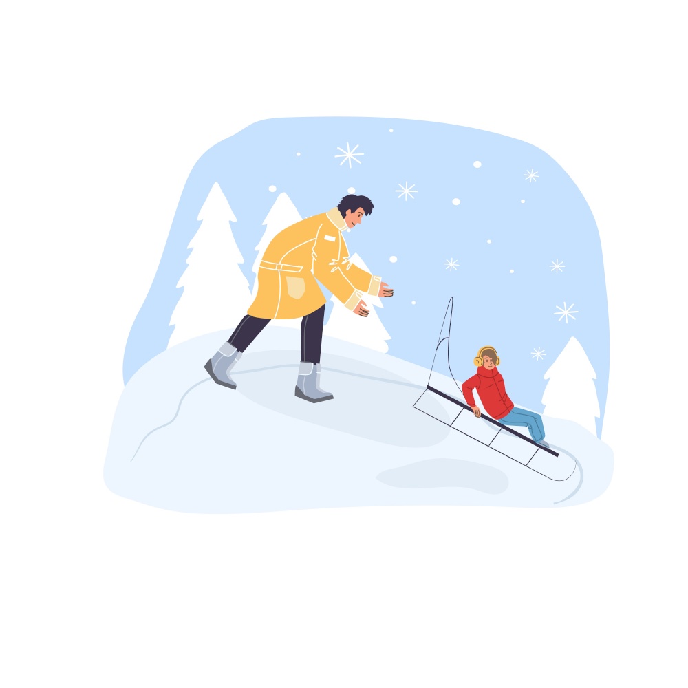 Vector flat cartoon family characters doing sport activities,sledging in winter season outdoor - sporting,healthy lifestyle social concept. Flat cartoon characters in winter season vector illustration concept