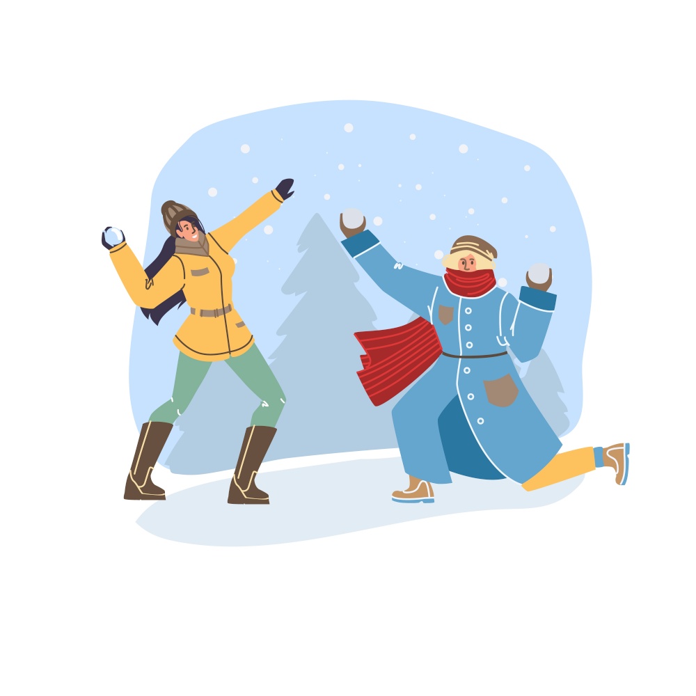 Vector flat cartoon characters in winter season outdoor playing snowballs - fashion,emotions,healthy lifestyle social concept. Flat cartoon characters in winter season vector illustration concept