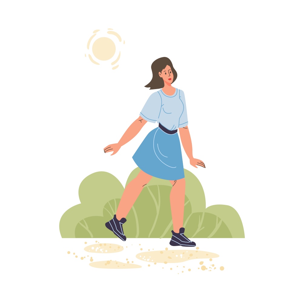 Vector flat cartoon girl character walking outdoor at summer season time - fashion,emotions,healthy lifestyle social concept. Flat cartoon character in summer season vector illustration concept