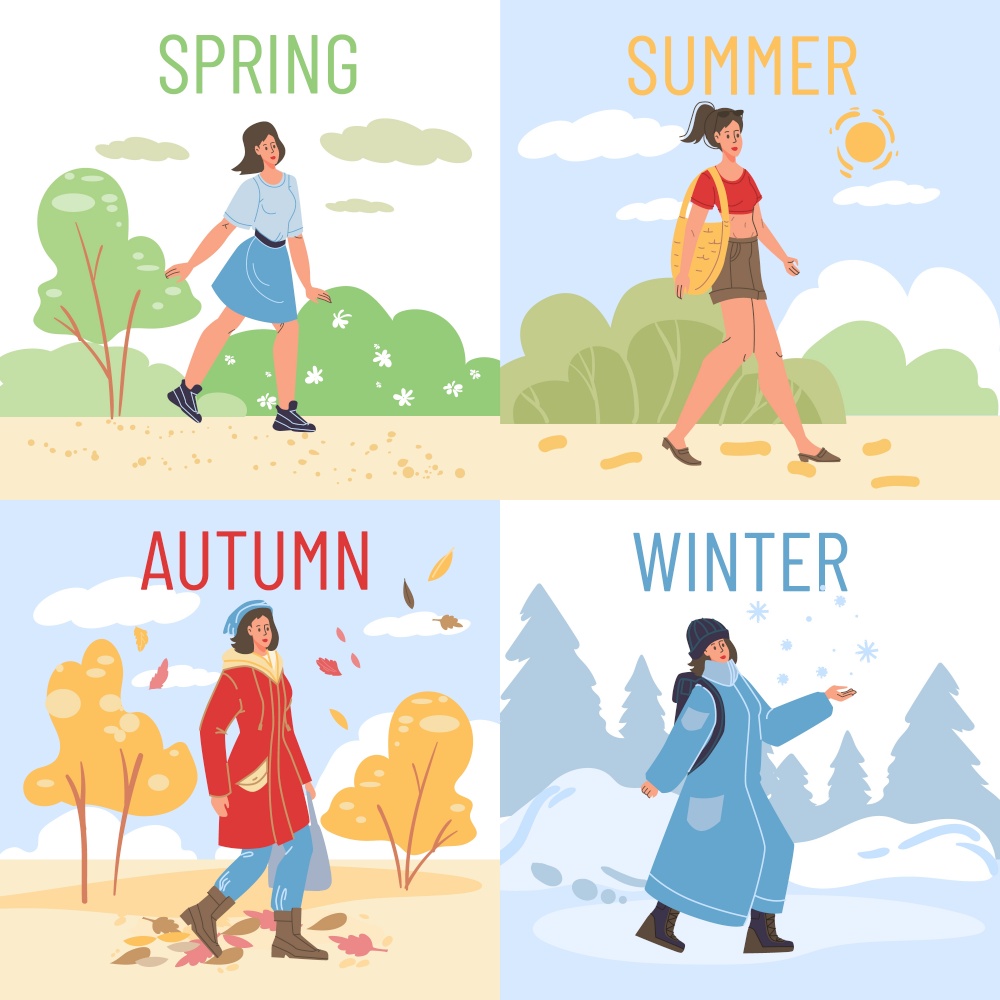 Flat cartoon girl character walking outdoor in various clothes at different seasons,healthy lifestyle,social concept. Flat cartoon characters set vector illustration concept