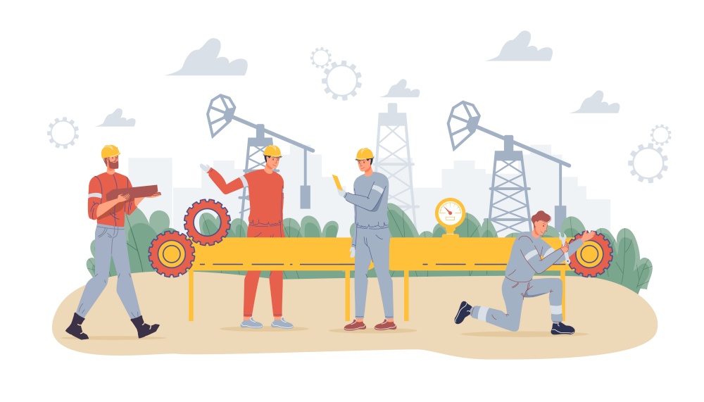 Vector cartoon flat industrial worker characters at petroleum production work.Oil workers building new pipeline-petroleum exploration,extraction,refining,web online site banner ad concept. Flat cartoon industrial workers characters at oil production work,vector illustration concept