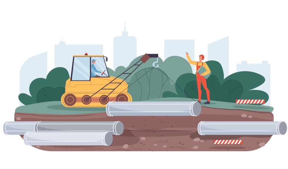 Vector cartoon flat industrial worker characters at pipeline construction work.Engineer workers building new pipeline-oil and gas transportation,web online site banner ad concept. Flat cartoon industrial workers characters at pipeline construction work,vector illustration concept