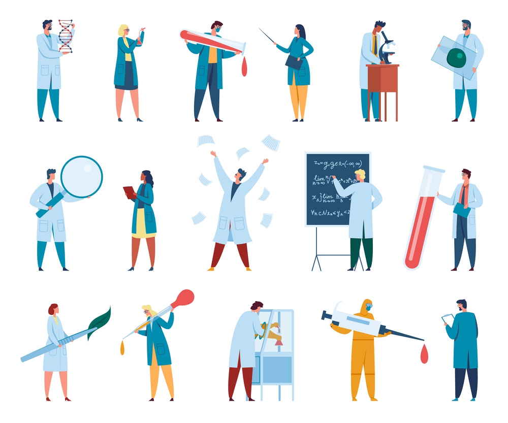 Scientist characters. Male and female scientists in white coats. Lab workers, researchers, chemists with laboratory equipment vector set. Writing on blackboard, holding glass tube, magnifier