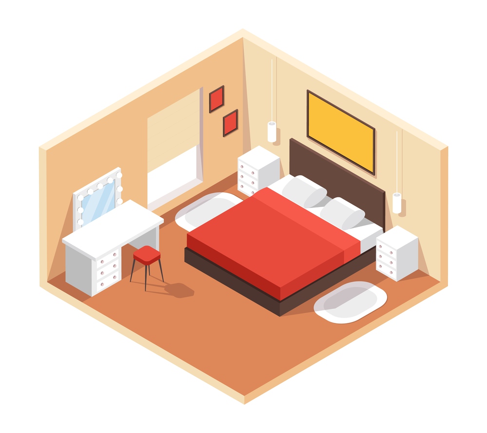 Isometric bedroom. Modern cozy room interior with furniture double bed, night tables, table, mirror, paintings. 3d bedroom vector interior. Indoor furnishing for hotel or house plan