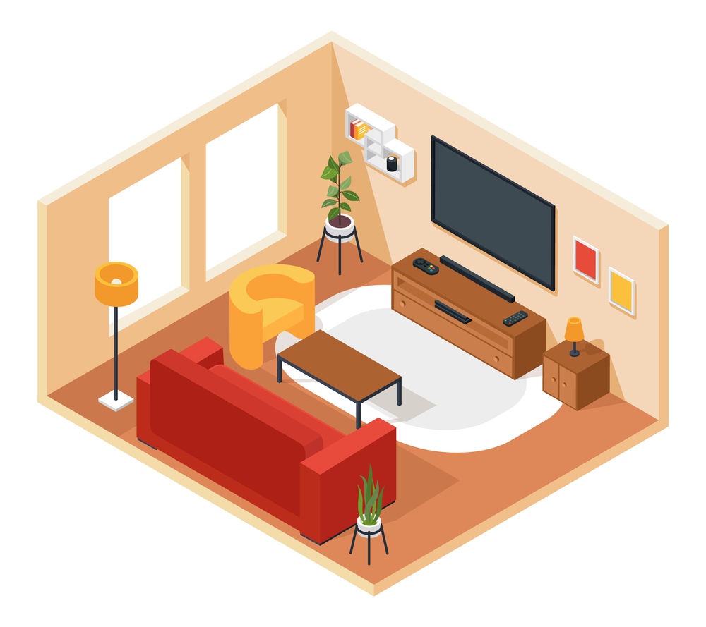 Isometric living room. Lounge interior with furniture sofa, chair, tv, coffee table, plant, carpet. Apartment or house room decor vector concept. Cozy inside furnishing, indoor objects