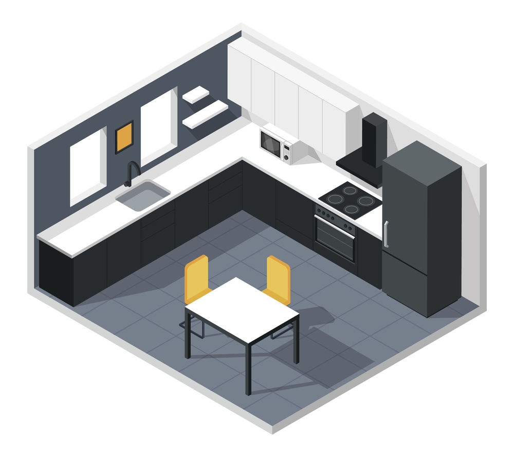 Isometric kitchen. Modern kitchen room interior with furniture and appliances. Refrigerator, oven, microwave, table, chairs. 3d vector interior. Elegant and stylish black and white furnishing