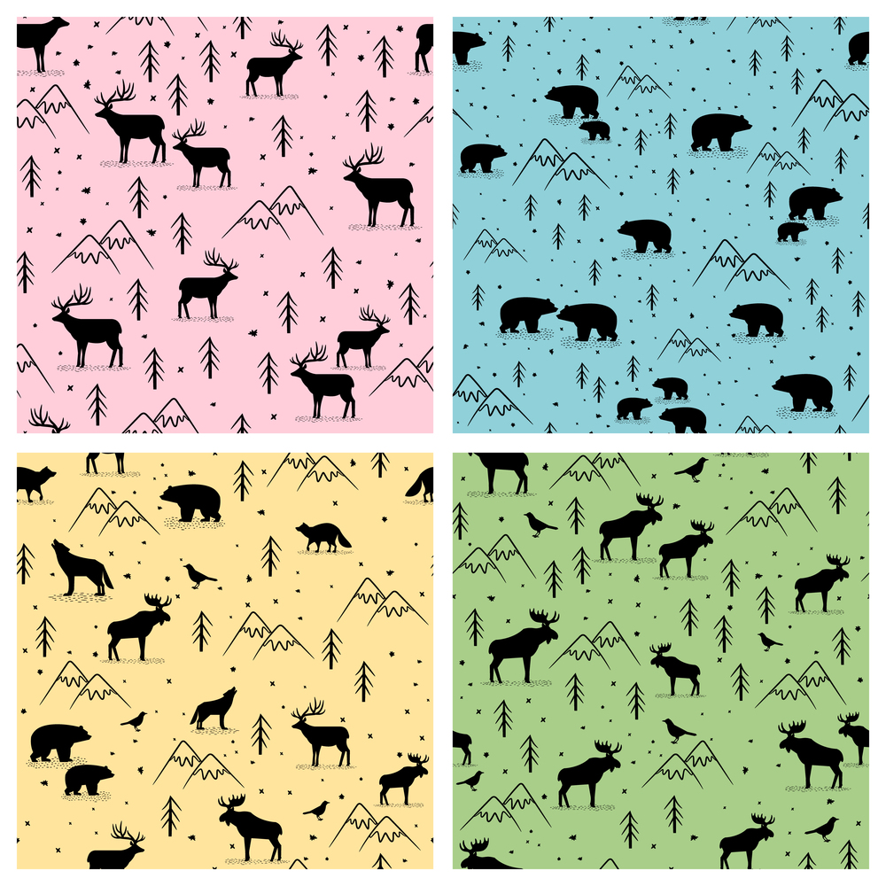 Set of four seamless patterns with wild animals on different backgrounds