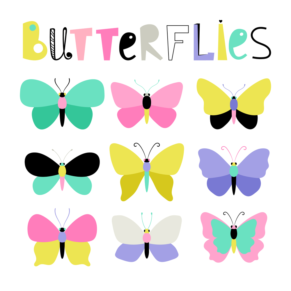 Set of colored butterflies