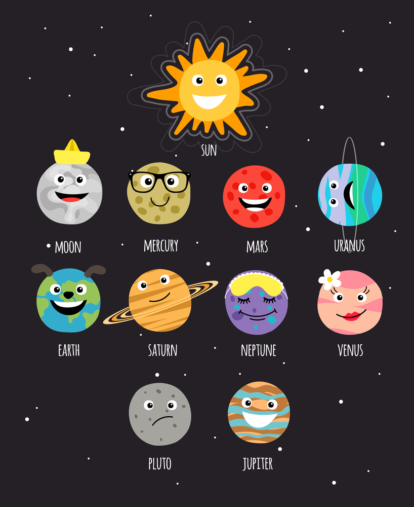 Collection of planets Mars, Neptune, Saturn, Venus and other for kids