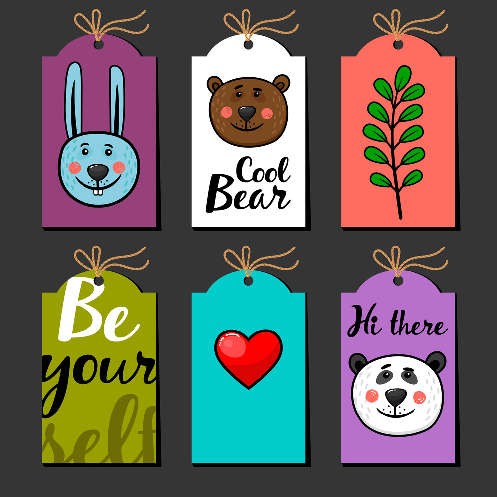 Collection of labels with rabbit, panda, bear and heart