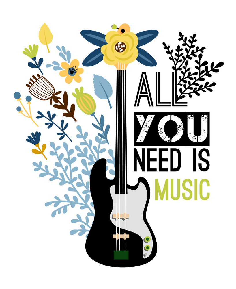 Black guitar vector music gtreeting card with flowers and branches