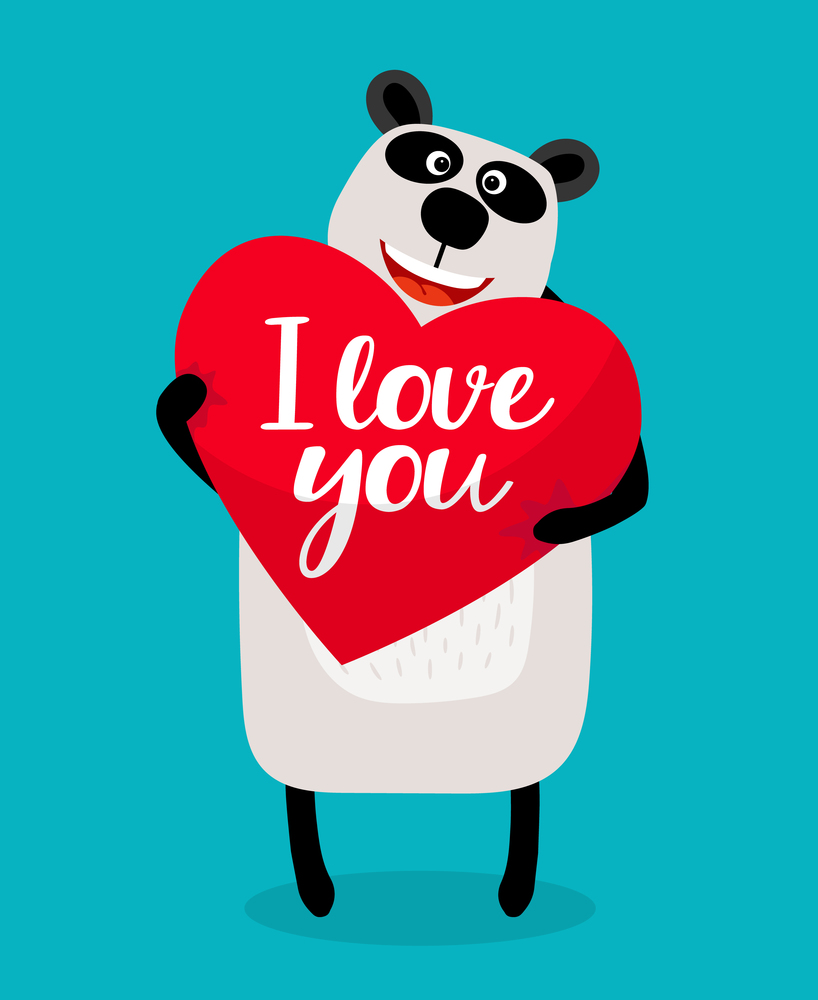 I love you card with cheerful Panda and big red heart