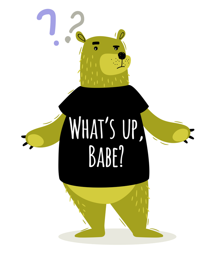 Greeting card with adorable big bear in black T-shirt and question marks
