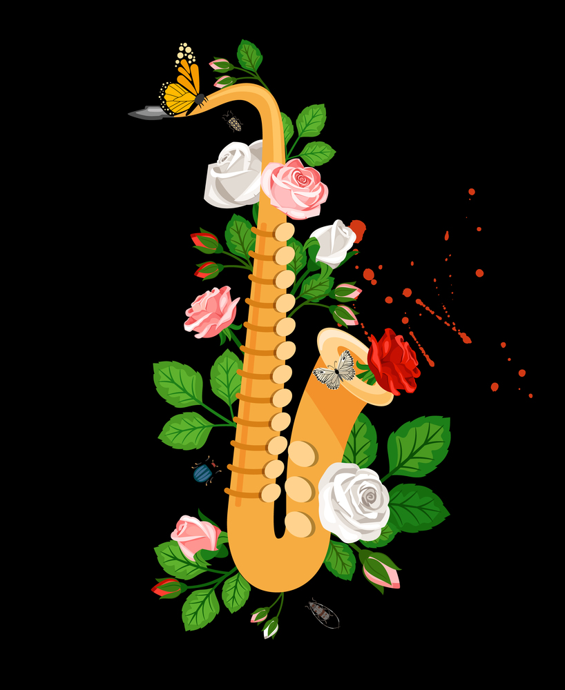 Music poster with Saxophone, roses, beetles and butterfly