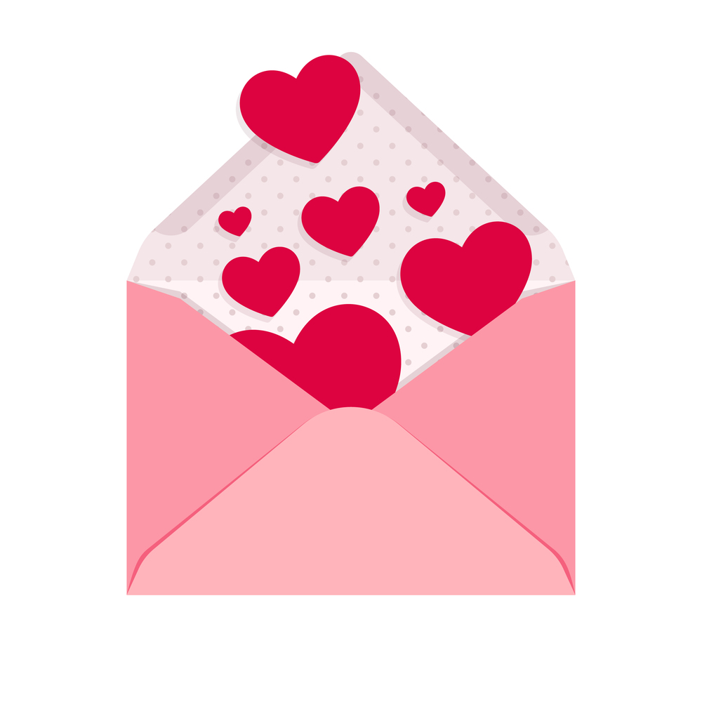 Open pink envelope with hearts