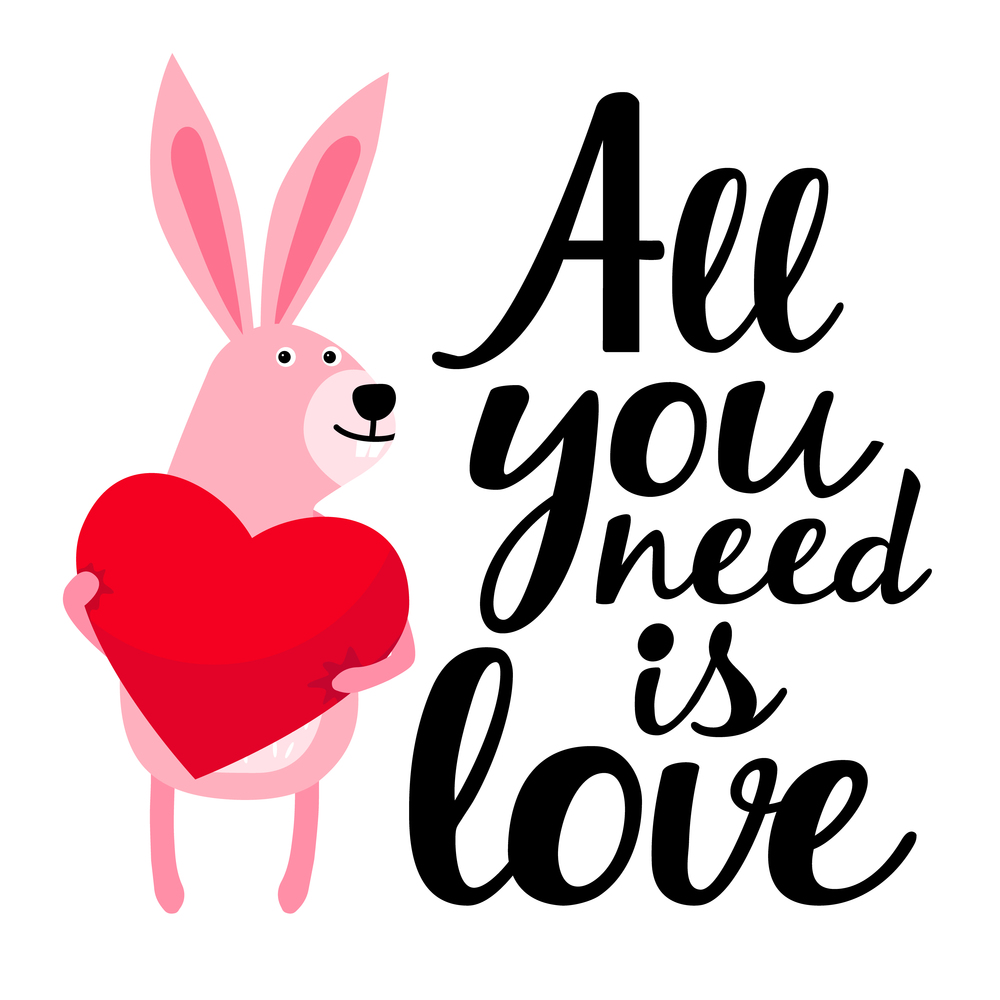 All you need is love greeting card. Cute happy Bunny with big red heart