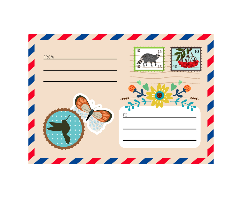 Colorful avia retro envelope with stamps, stickers
