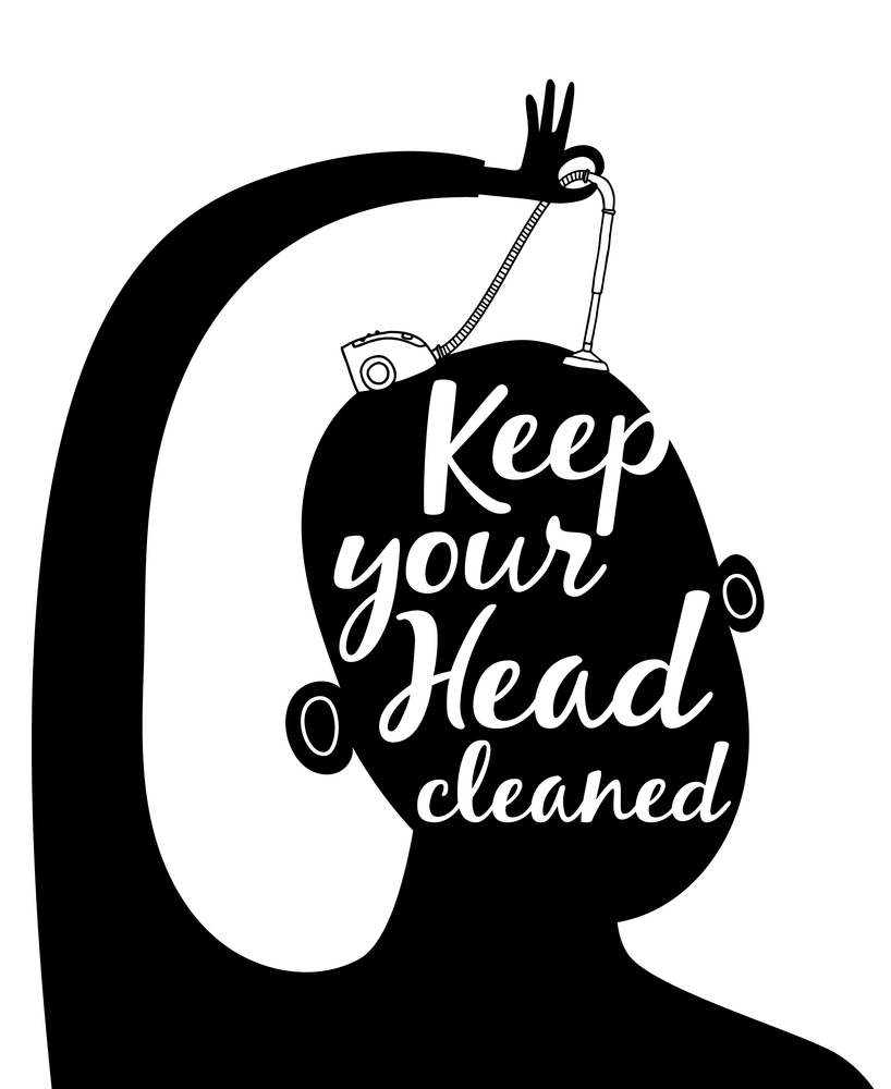 Motivation illustration Keep your head cleaned. Black silhouette of man head and hand with vacuum cleaner