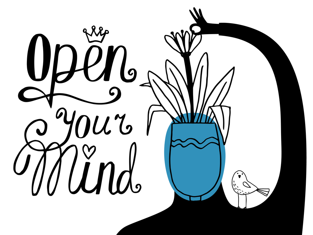 Motivation illustration with flower instead of head and inscription Open your Mind