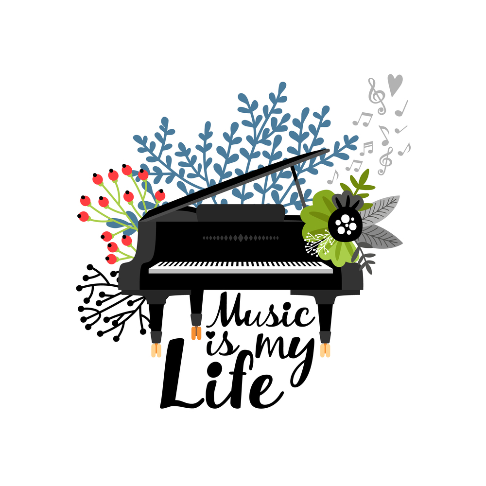 Greeting card Music is my life. Black piano musical instrument with flowers and twigs