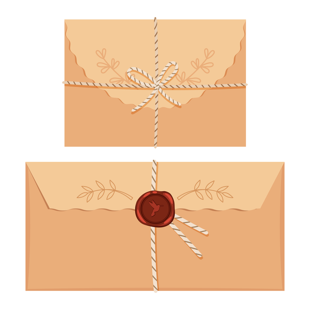 Closed retro envelopes tied with cord. Red wax seal with bird and decor twigs