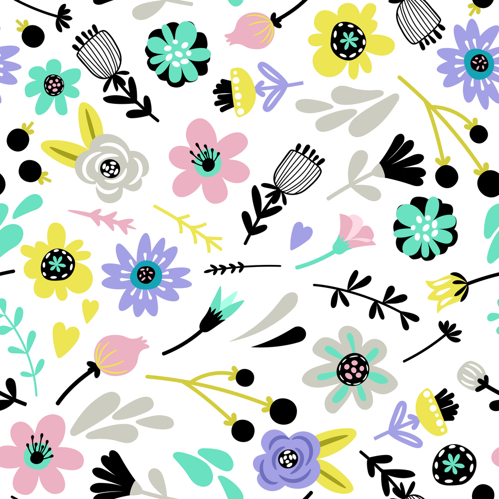 Floral seamless vector pattern with flat colored flowers