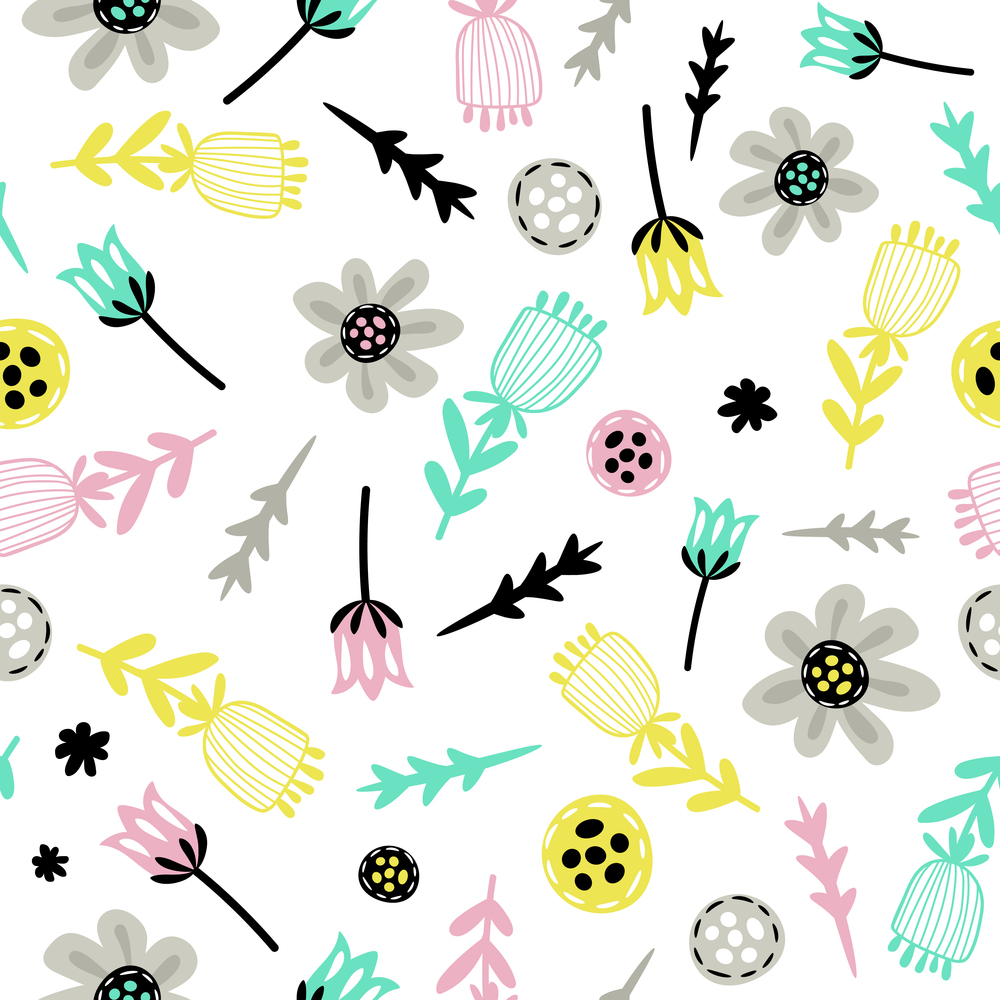 Floral seamless pattern with flat flowers in scandinavian style