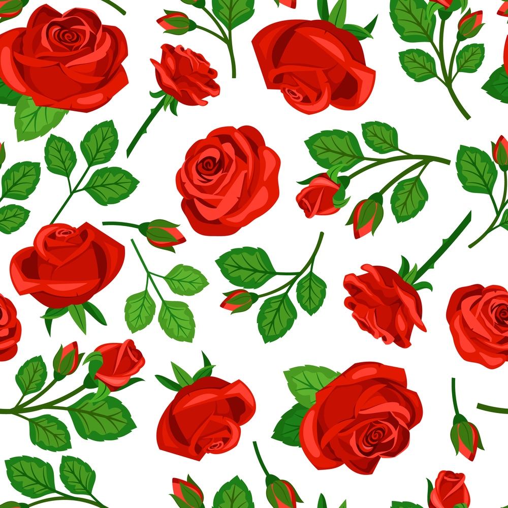 Beautiful seamless vector pattern with red roses on white background