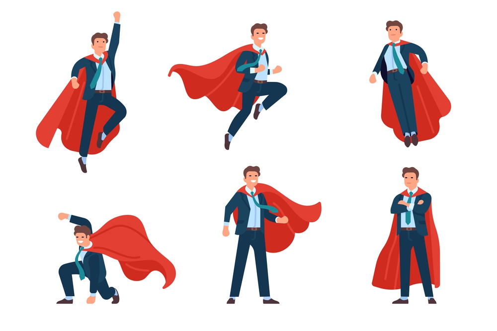 Super businessman poses. Professional superhero office manager character in costume and fluttering cape, spectacular power poses. Comic cartoon happy powerful man in action vector set. Super businessman poses. Professional superhero office manager character in costume and fluttering cape, vector set of spectacular power poses