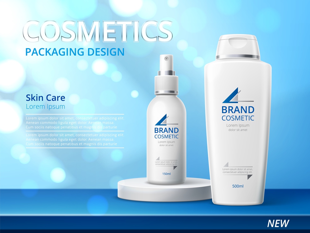 Realistic skin care product poster. 3d cosmetic bottles on glitter shiny background, advertising banner, beauty branded pack. White skincare design for promotion vector concept. Realistic skin care product poster. 3d cosmetic bottles on glitter shiny background, advertising banner, beauty branded pack vector concept